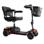 Side angle view of the Merits Roadster 4 showing the full scooter in burgundy with black padded seat and front basket, designed for easy transport.