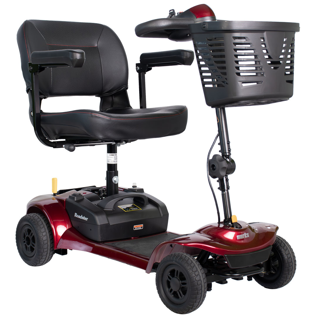 Red Merits Roadster 4 with black seat and front basket