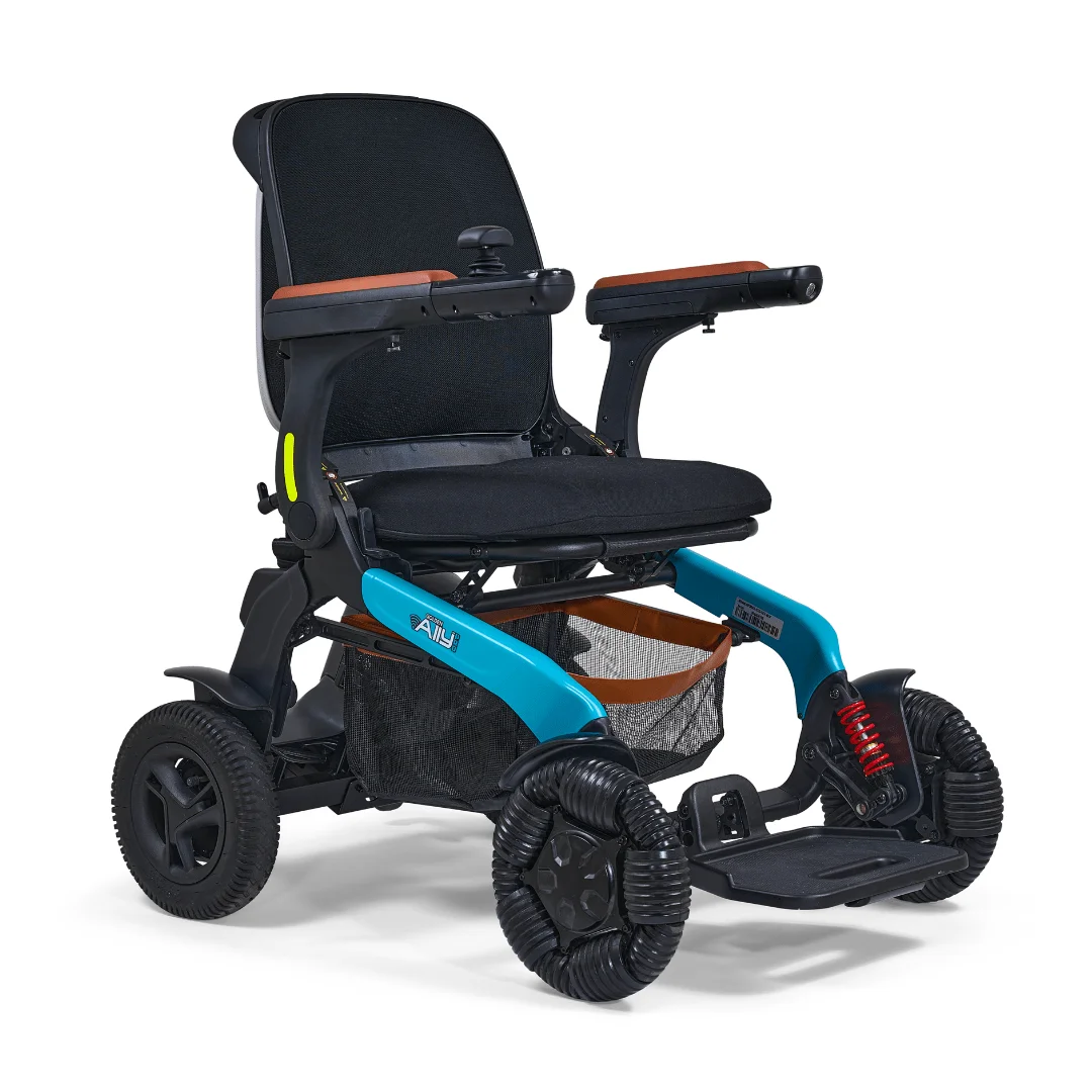 Golden Ally Pro GP304 displaying its blue frame, armrests, front suspension, and unique wheel design.